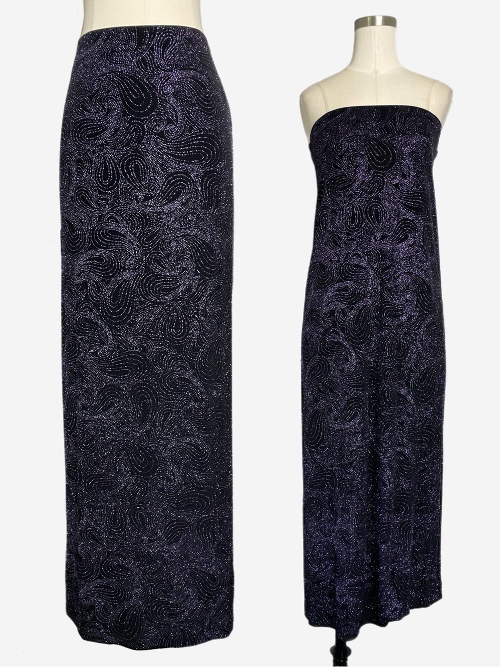 Vintage 90s Bari Jay Black purple glitter paisley swirl maxi skirt tube dress XS